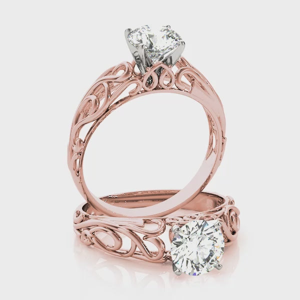 14K Rose Gold Antique Filigree Lab Grown Diamond Solitaire Ring - Full Rotation View