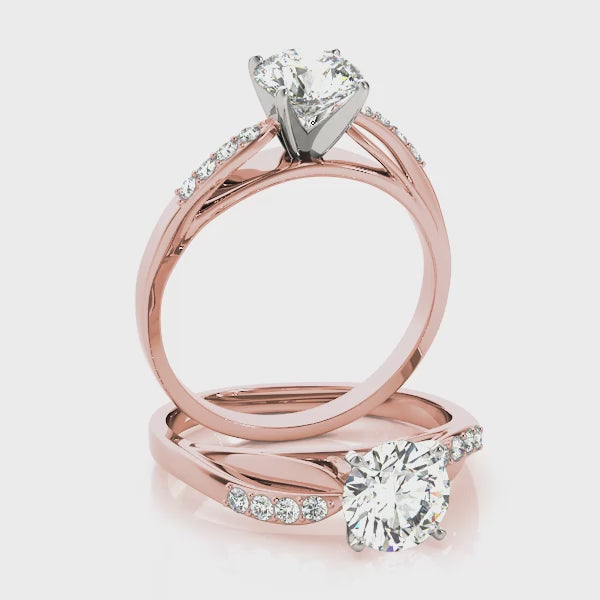 highlighting the sparkling pave accents and fluid split shank of the 14K rose gold diamond ring.
