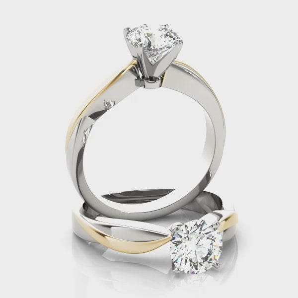 14K yellow and white gold two-tone bypass round diamond solitaire ring in a full 360-degree view video.