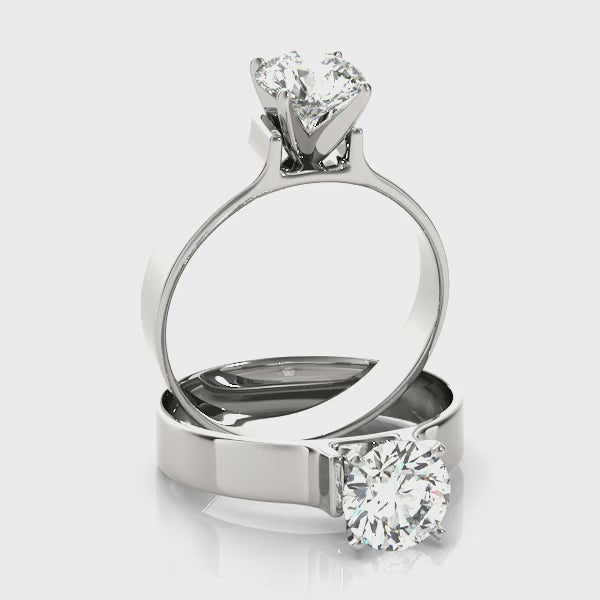 14K White Gold Round Diamond Solitaire Ring with Flat Wide Band