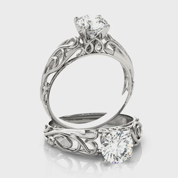 Round Lab Created Diamond Vintage Scroll Work Engagement Ring in 14K White Gold