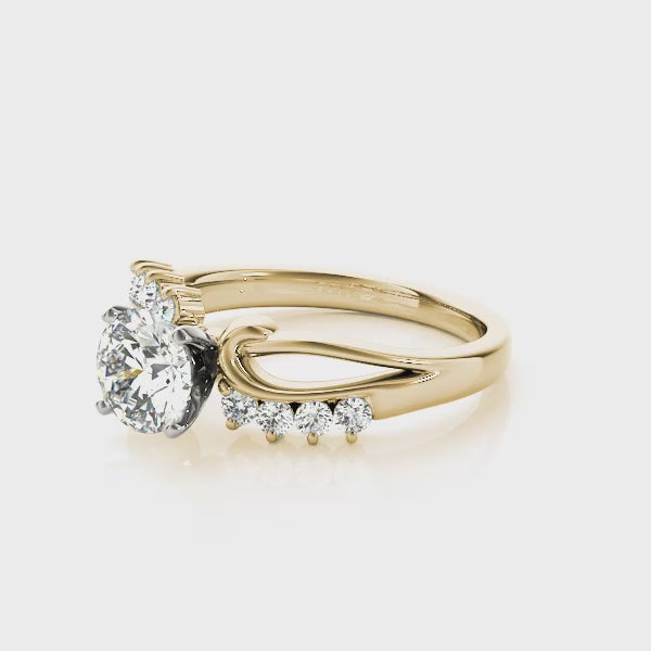 Elegant double-angle view showcasing the brilliant shine of the 14K yellow gold lab created diamond ring.