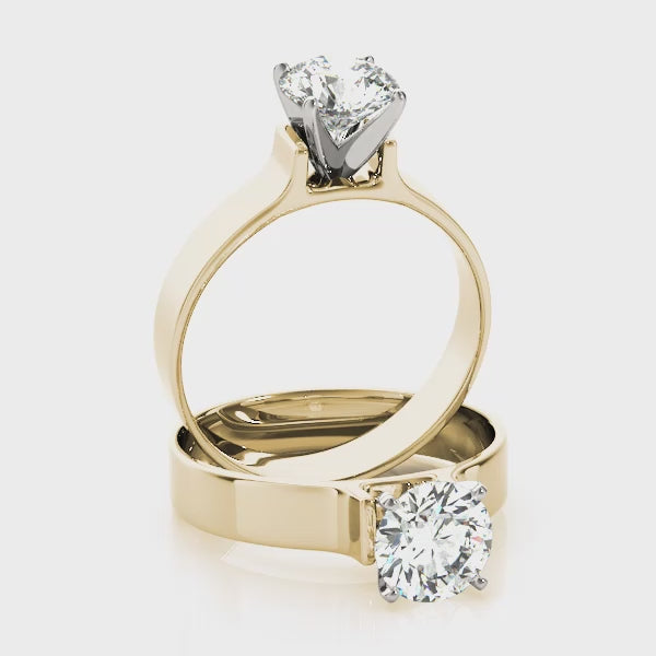 14K Yellow Gold Round Diamond Solitaire Ring with Flat Wide Band