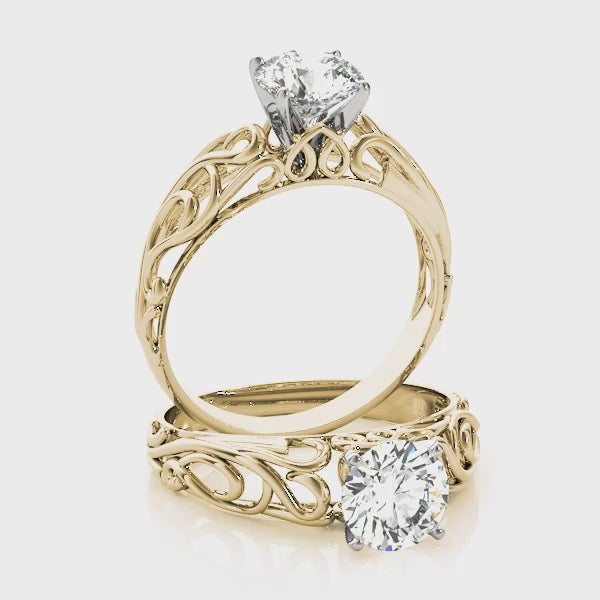 14K Yellow Gold Round Cut Lab Diamond Filigree Solitaire Ring