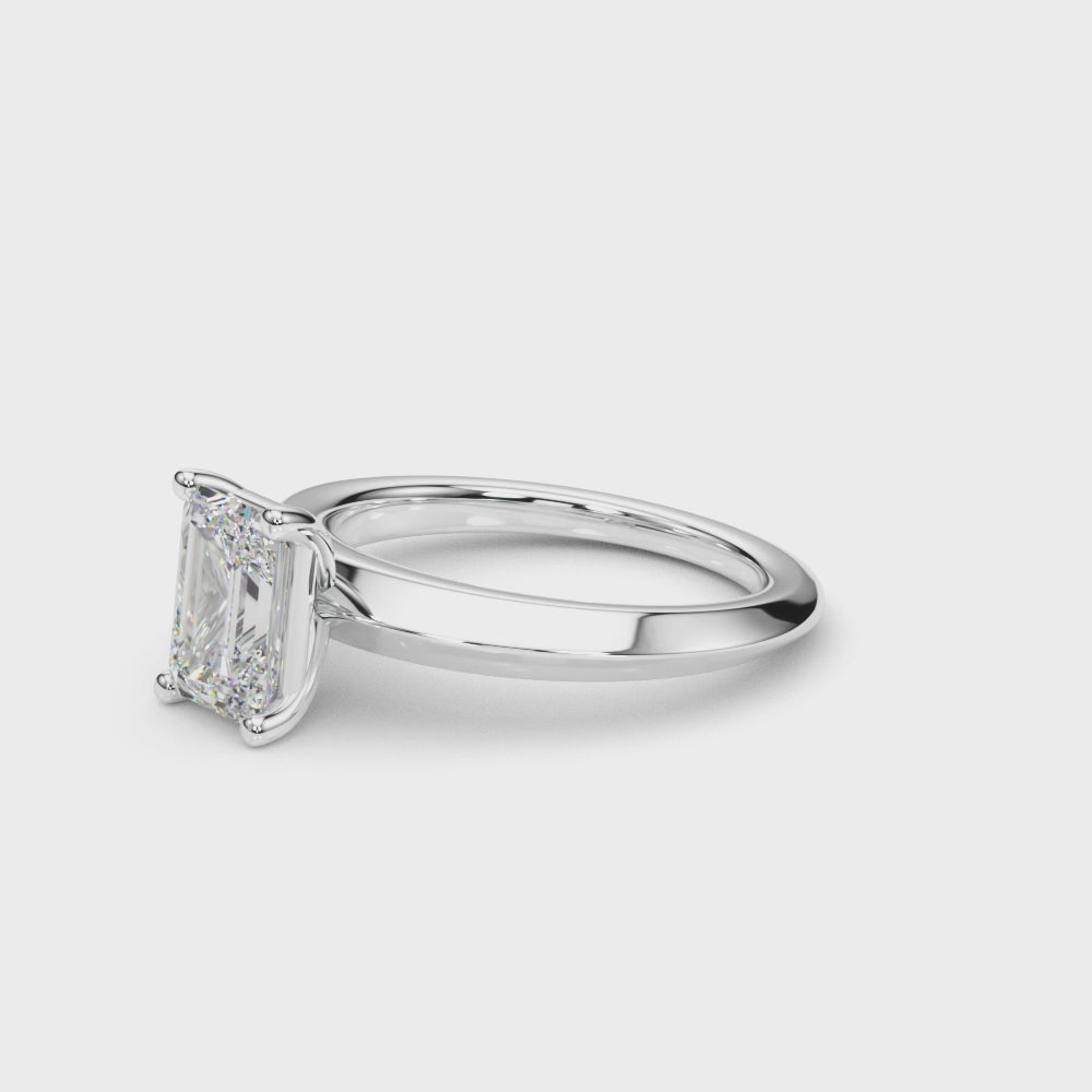 Modern 14k White Gold Band Emerald Cut Diamond Ring 360-Degree Display
