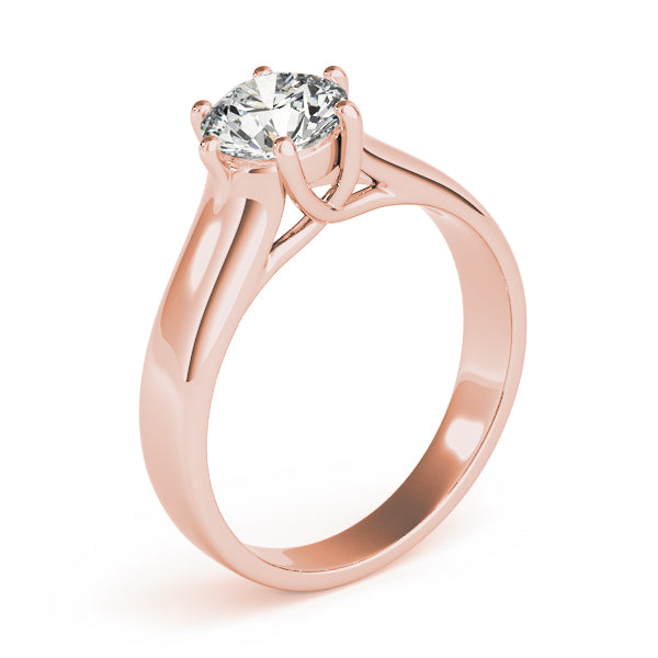 Side view of the 14K rose gold ring showing how the 6 prongs elegantly hold the lab diamond.
