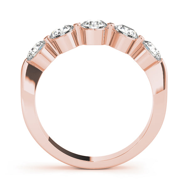 Side view of rose gold diamond band with shared prong architecture