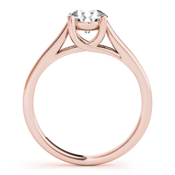 Detailed profile view of the rose gold prong setting with a unique criss-cross structural design.