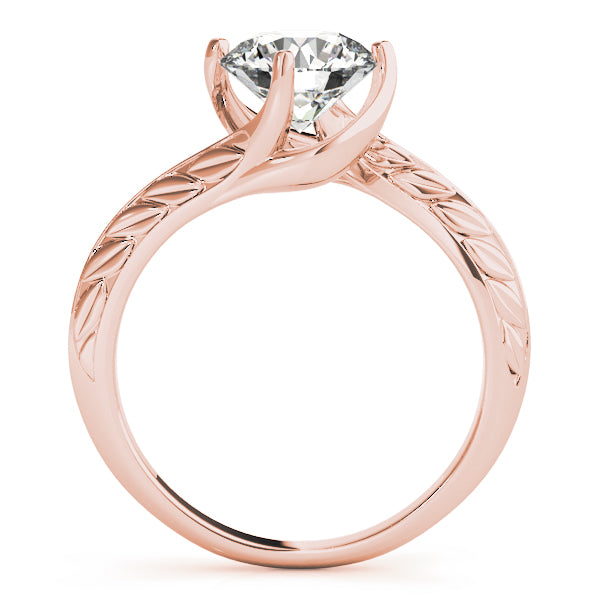 Artistic side view of the rose gold petal prong setting holding a brilliant round diamond.