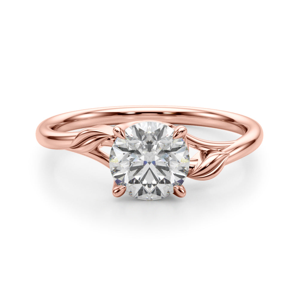 Unique rose gold engagement ring featuring designer prongs and a polished band.