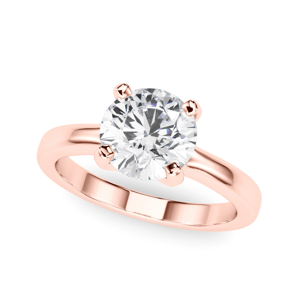 Round lab grown diamond solitaire ring in 14k rose gold overhead view