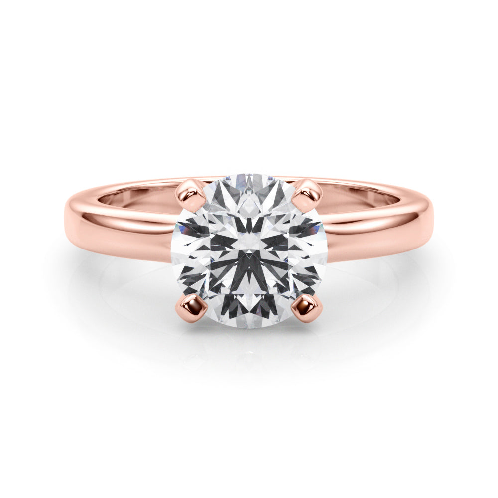 Elegant round cut lab grown diamond solitaire engagement ring featuring a 14K rose gold band.