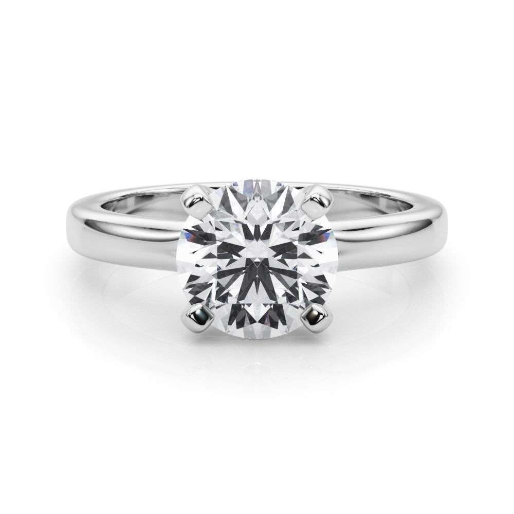 1 to 3 carat round brilliant lab grown diamond engagement ring in 14K white gold solitaire setting.