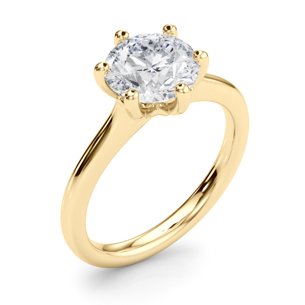 Front view of a 14K gold 6-prong lab diamond ring with unique basket detail