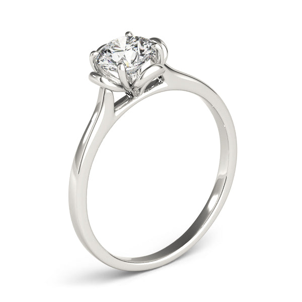 Side profile of 14K white gold ring showing the intricate petal design underneath the diamond.