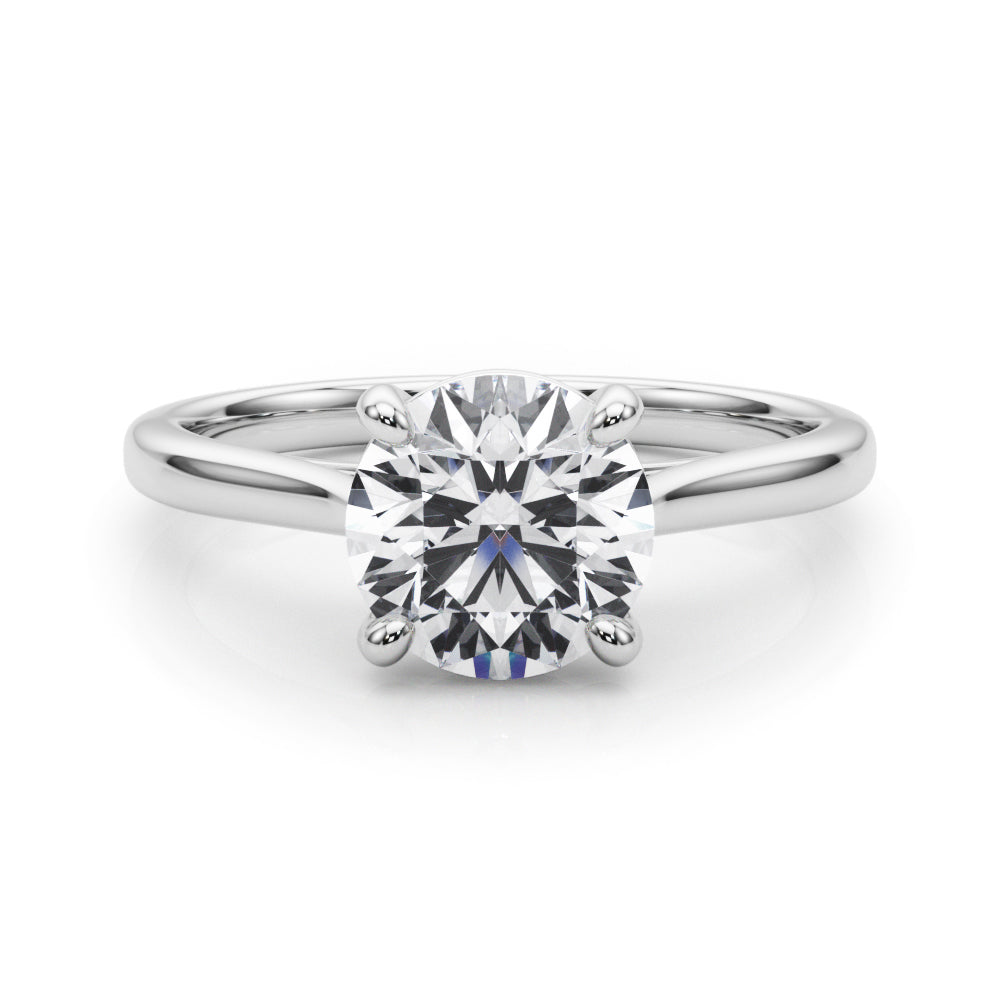 Front view of a 14K white gold solitaire ring with a 4-prong lab grown diamond
