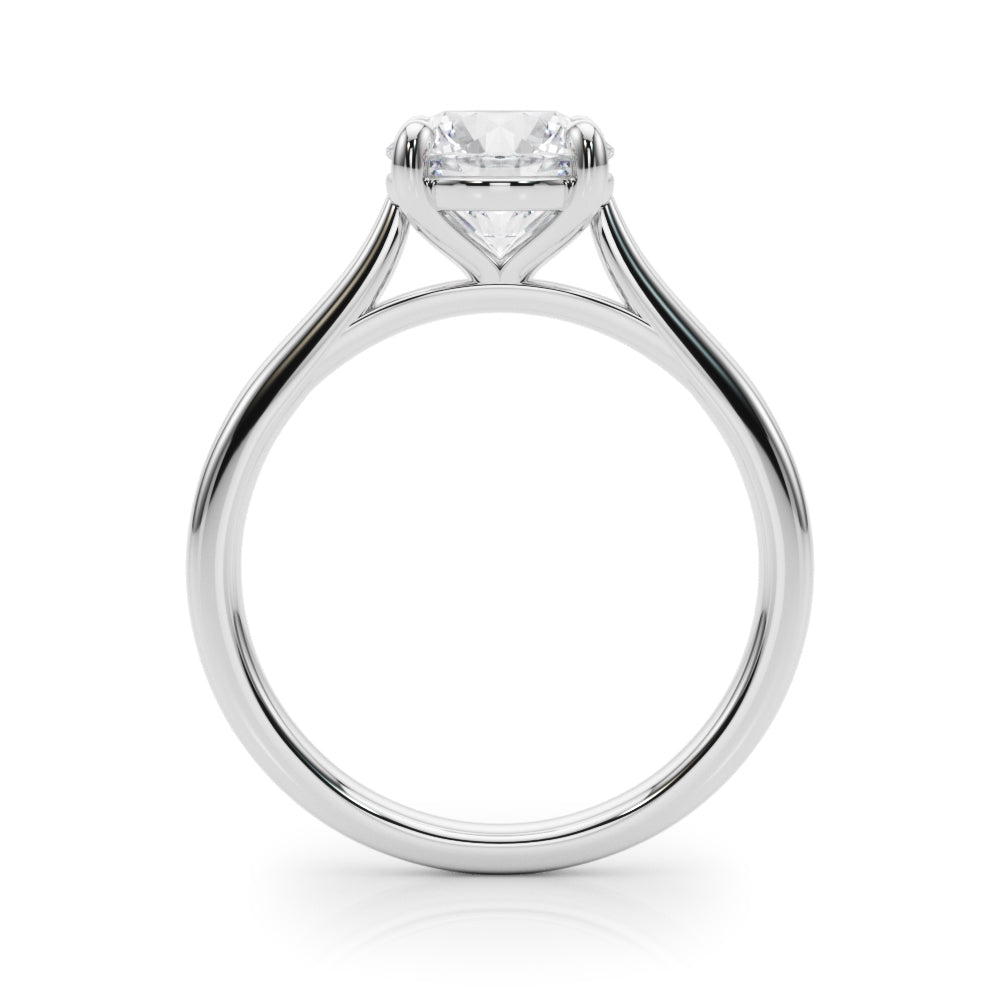 Perspective view of white gold diamond ring with cross-basket setting