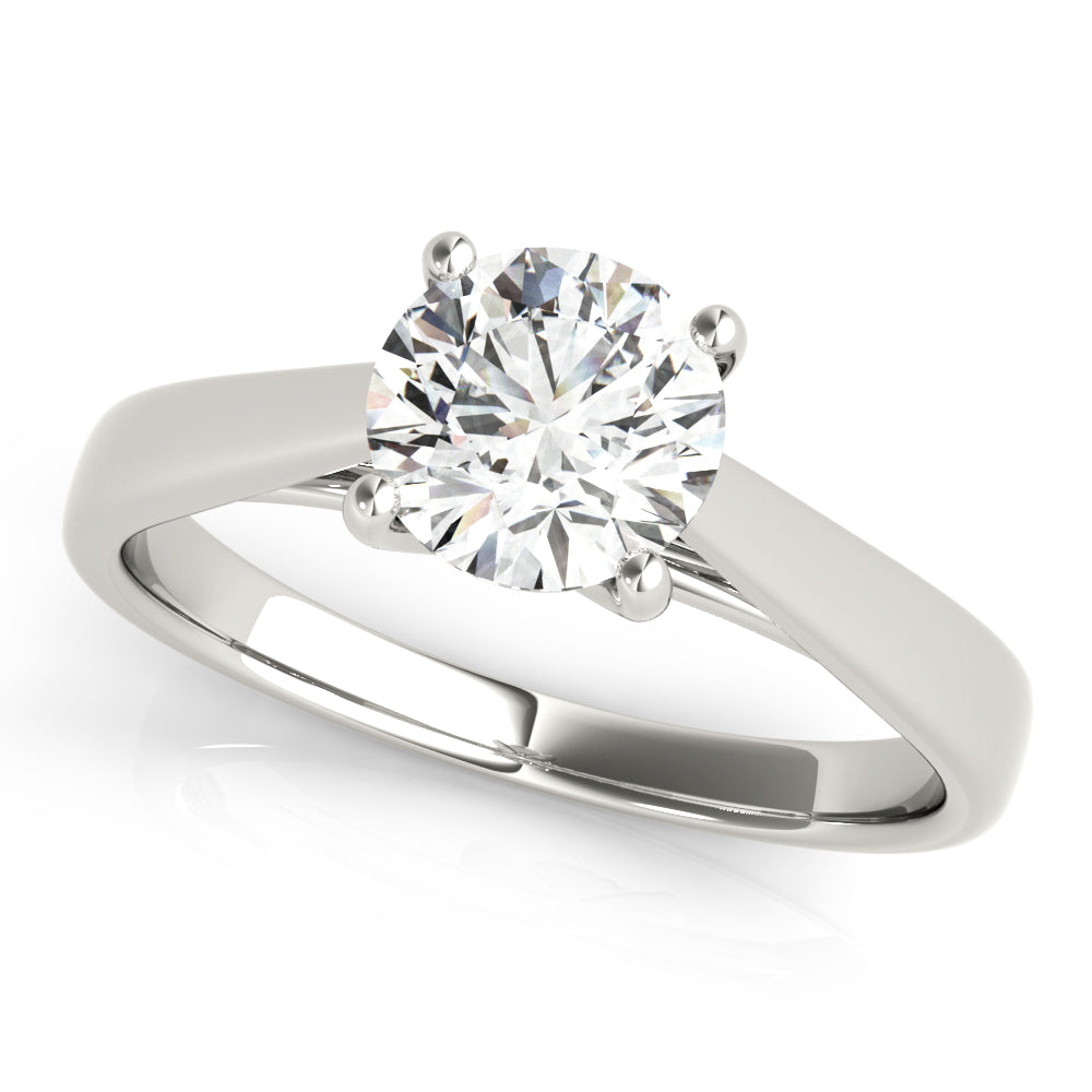 Top view of a round brilliant cut lab grown diamond ring in 14K white gold.