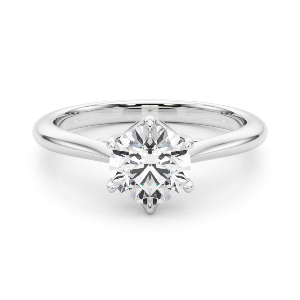 Front view of a 14K white gold round lab grown diamond solitaire ring