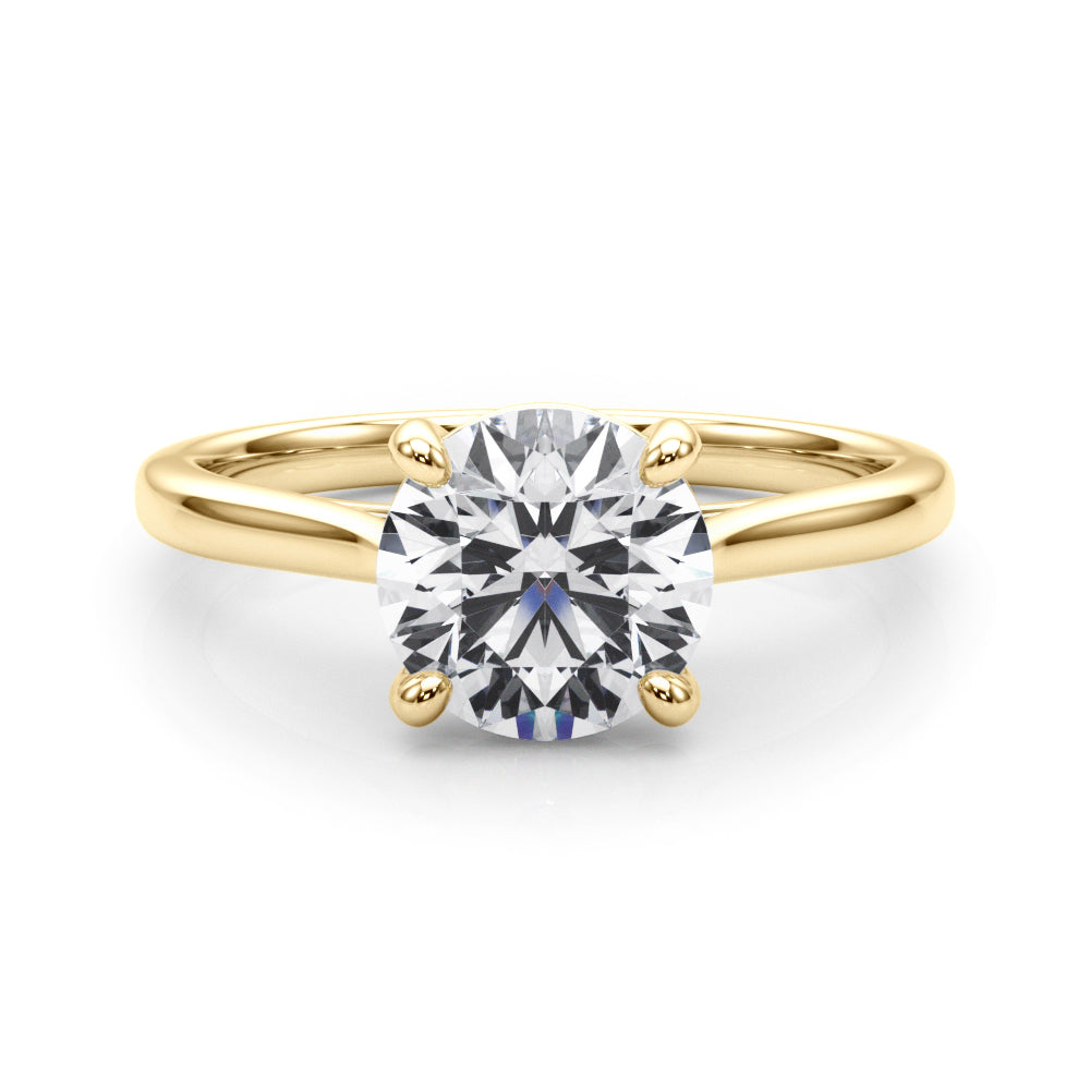 Symmetric front shot of a 14K yellow gold 4-prong lab diamond engagement ring