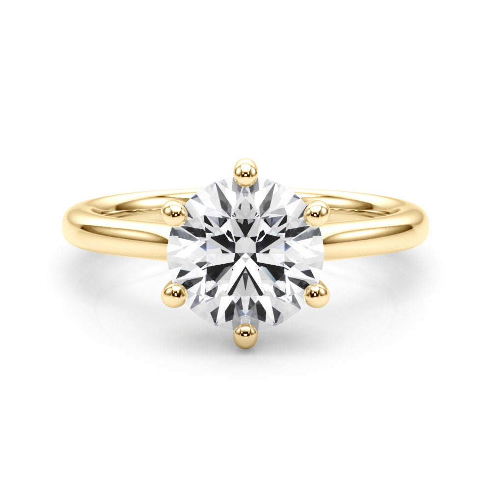 14K yellow gold round lab grown diamond ring with artistic 6-prong setting