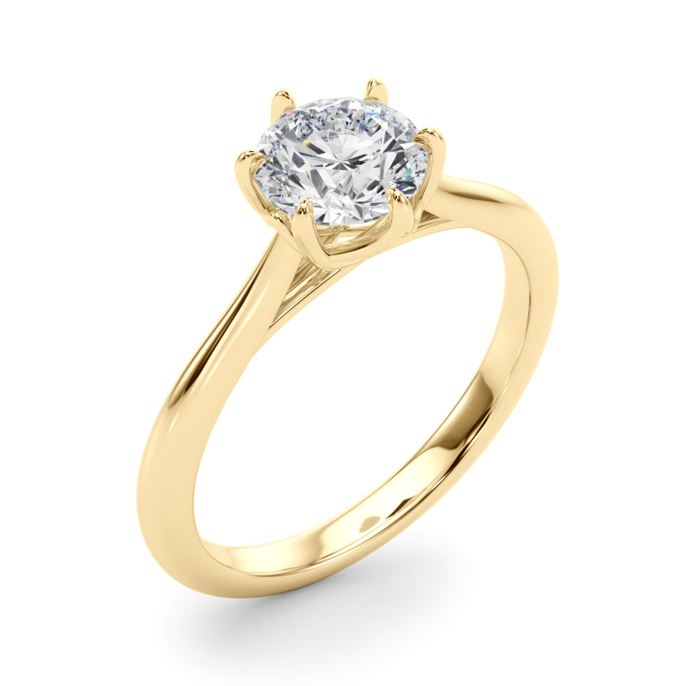 Angled view of a VS-F clarity lab grown diamond ring in yellow gold