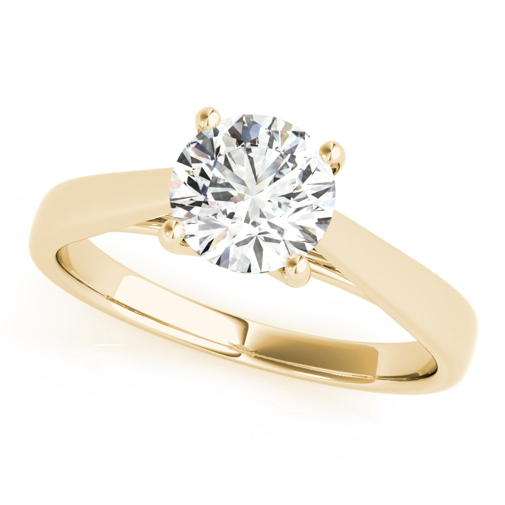 Round lab grown diamond solitaire engagement ring in 14K yellow gold top view.