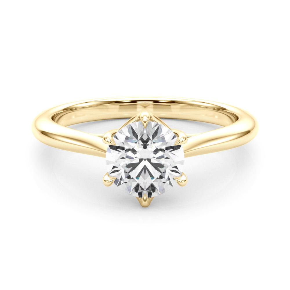 Front-facing shot of a brilliant round lab diamond ring in 14K yellow gold