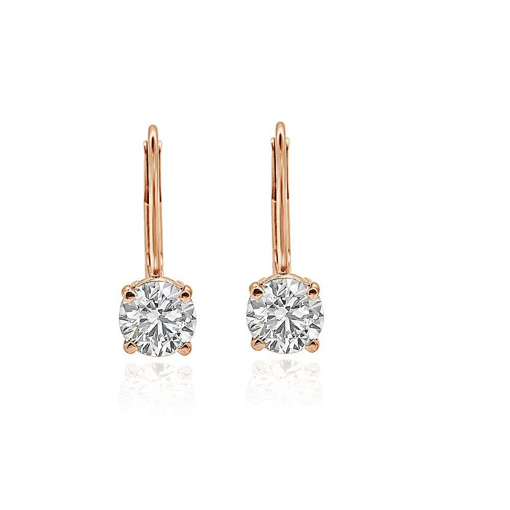 Lever Back Solitaire Studs Earrings 14k/18k Rose Gold Round Diamonds SI1 G 1.10 Ct