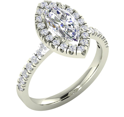 French Pave Set Solitaire Halo Engagement Ring I1 G 1.80 Ct Marquise Round Diamond 14K White Gold