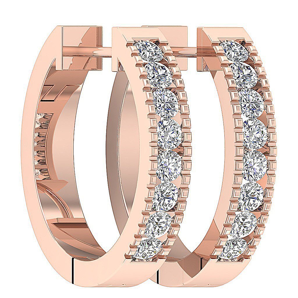 14k Rose Gold Round Cut Diamond Hoops Earring