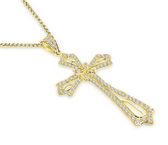 Round Diamond Designer Cross Anniversary Pendants I1 G 1.45 Ct 14k/18k White Gold Pave Set