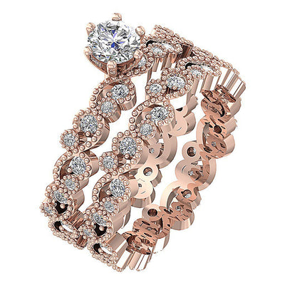 6 Prong Milgrain Solitaire Engagement Eternity Ring Wedding Band Set Gold I1 G 1.65 Ct Genuine Diamond