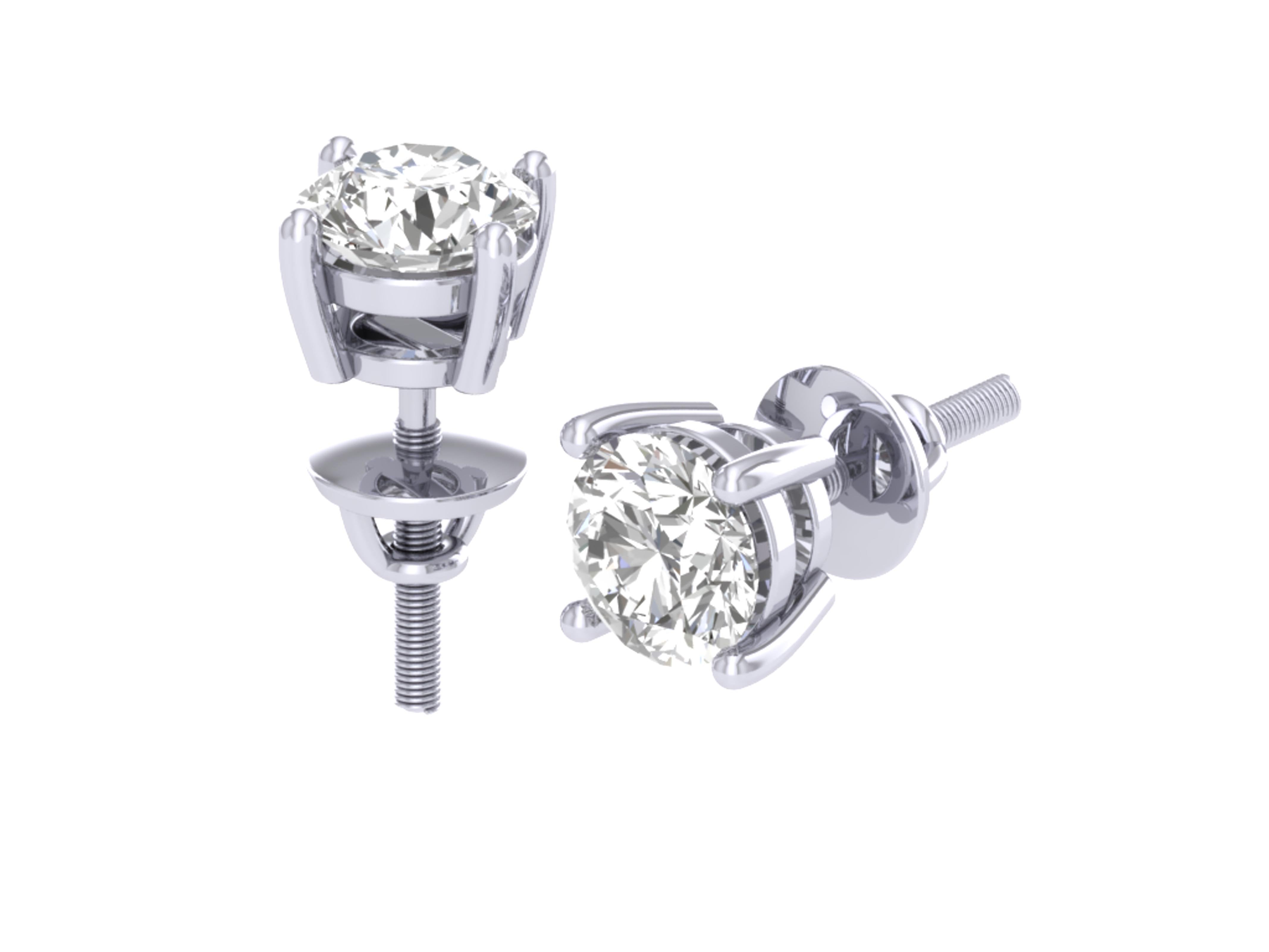 Lab Grown Diamond Solitaire Studs Earrings VS F 0.50 Ct 14k White Gold Prong Set
