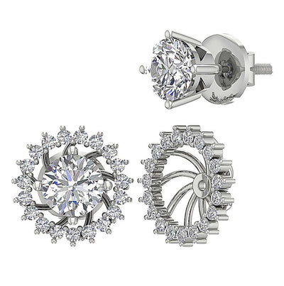 Removable Jacket Studs Earrings Set 14k Solid Gold Round Diamond I1 G 2.10 Ct