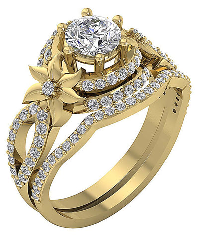 Floral Designer Wedding Rings Bridal Set 14K Gold I1 G 1.55 Carat Genuine Diamond 13.60 MM