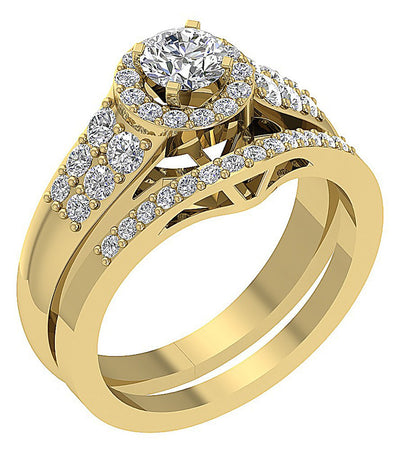 Gold Halo Wedding Band Sets For Womens I1 G 1.55 Ct Natural Diamond