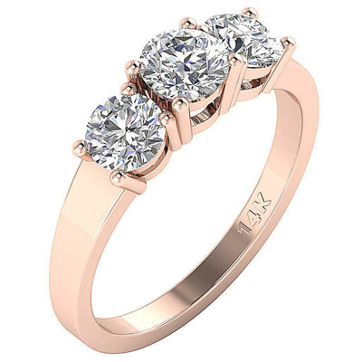 Three Stone Engagement Ring Natural Diamond I1 G 1.50Ct Prong Set 14k White Yellow Rose Gold 5.25MM