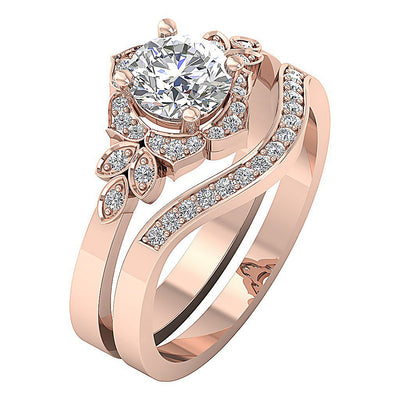 Matching Floral Bridal Wedding Ring Set I1 G 1.30 Ct Round Cut Diamond 14K Solid Gold