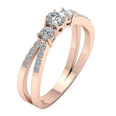 Designer Three Stone Wedding Ring Natural Diamond I1 G 0.75 Ct Prong Pave Set 14k Rose Gold 3.50MM