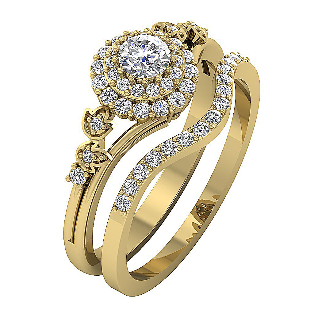 Double Halo Engagement Band Sets Round Cut Diamond SI1 G 0.75 Ct 14k Gold