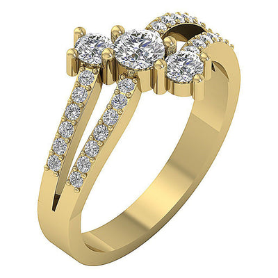 Designer Three Stone Wedding Ring Real Diamond I1 G 0.90Ct Prong Pave Set 14k Yellow Gold 10.20MM