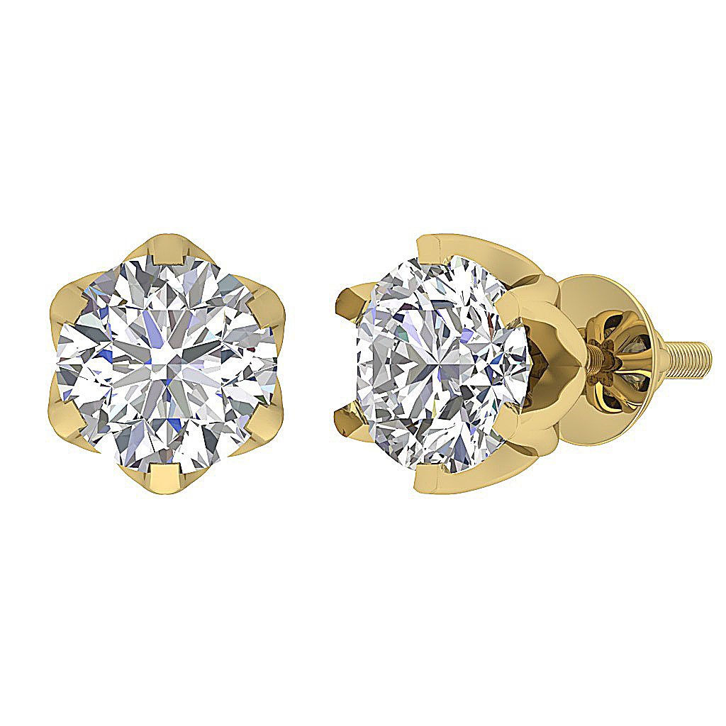 14k Solid Gold Six Prong Set Genuine Diamond Solitaire Studs Earrings