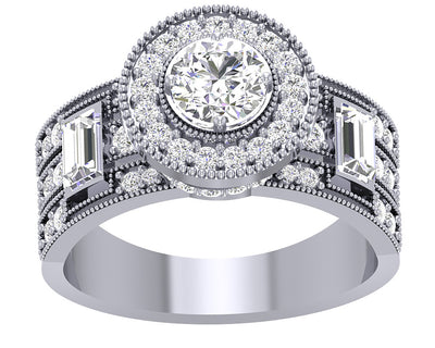 Solitaire Diamond With Baguettes Halo Engagement Band 14K White Yellow Rose Gold SI1 G 1.55 Carat Prong Set