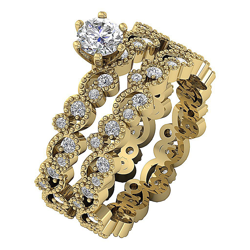 6 Prong Milgrain Solitaire Engagement Eternity Ring Wedding Band Set Gold I1 G 1.65 Ct Genuine Diamond