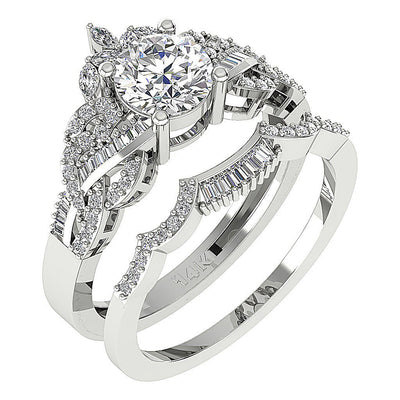 White Gold Wedding Ring Sets I1 G 2.35 Ct Round Marquise Baguette Diamond