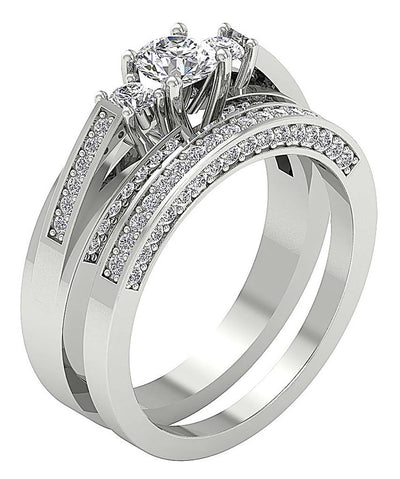 Three Stone Bridal Ring Set SI1 G 1.30 Ct Natural Diamond 14K Gold 7.00 MM