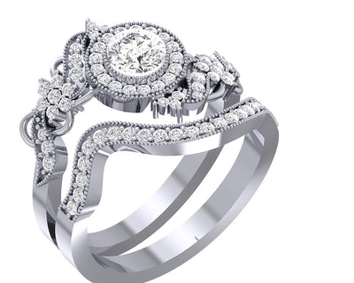 Milgrain Bridal Halo Engagement Ring Set 14K White Gold I1 G 1.20 Ct Round Diamond Prong Set