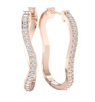 18k/14k Rose Gold Large Hoop Anniversary Earrings Round Diamond SI1/I1 G 1.25 Ct Prong Set