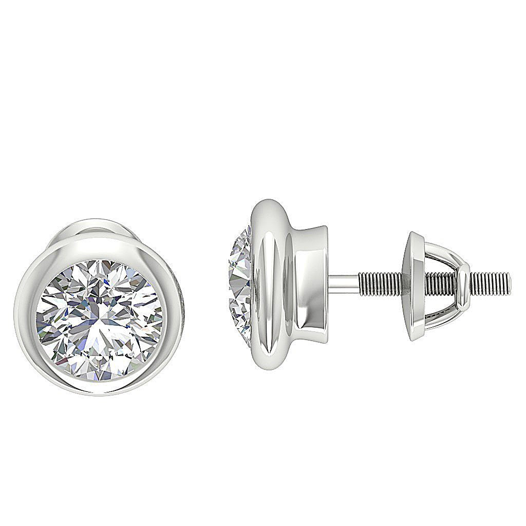 Natural Diamond Solitaire Studs Engagement Earrings I1 G 1.40 Ct 14k / 18k White Gold Bezel Set